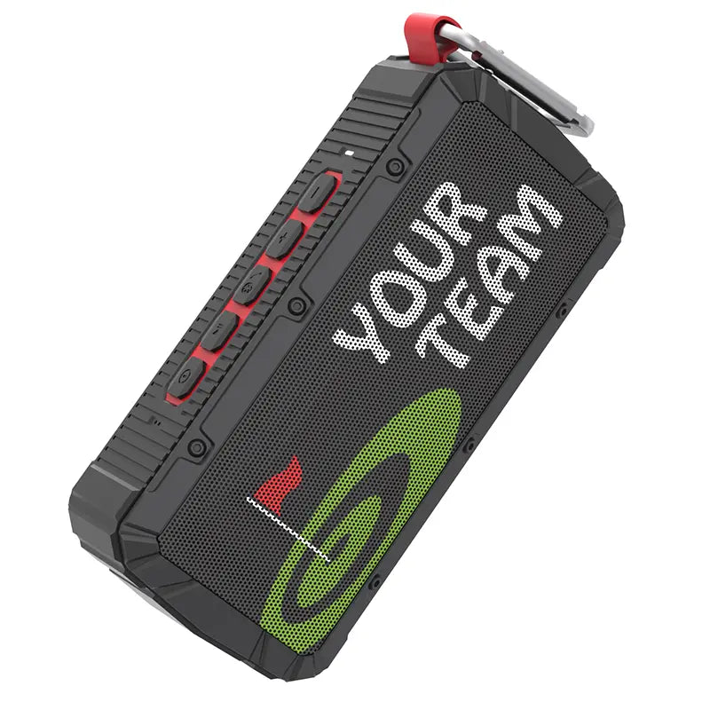 Custom logo golf speakers for team bulk orders featuring a green putting green design.