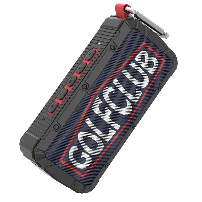 Corporate gift custom magnetic golf speaker with a vertical red and white golf club print.