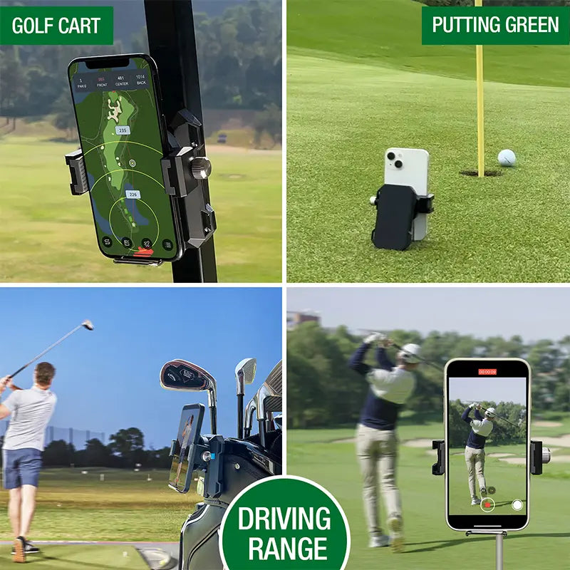 Dprofy magnetic golf phone holder with storage case used on golf cart, putting green, and driving range.