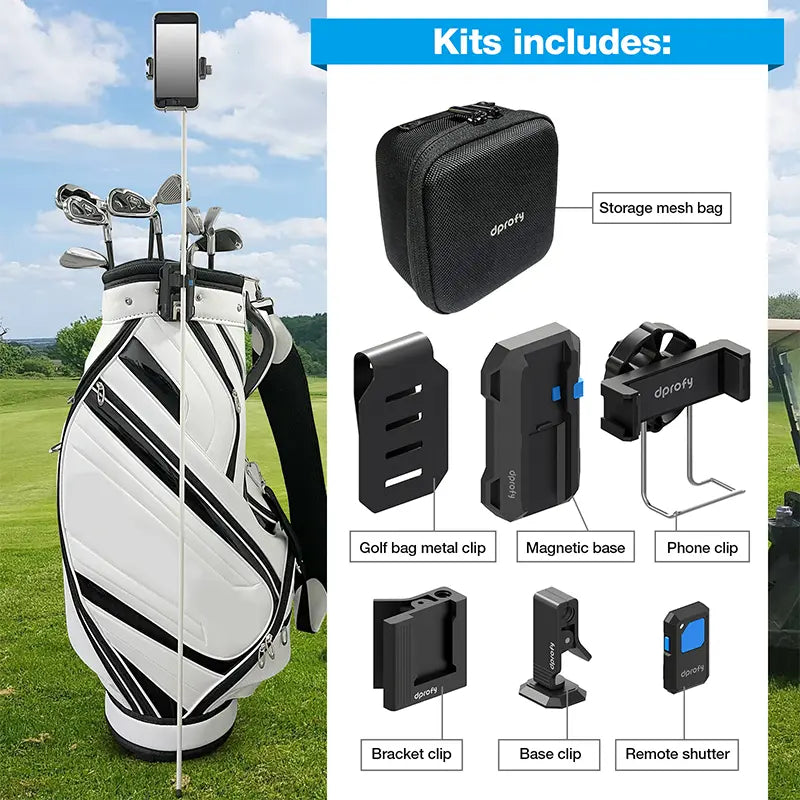 Dprofy magnetic golf phone mount kit accessories including remote shutter and storage case.