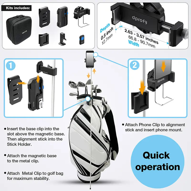 Dprofy magnetic golf phone holder quick operation and dimensions, storage case version.
