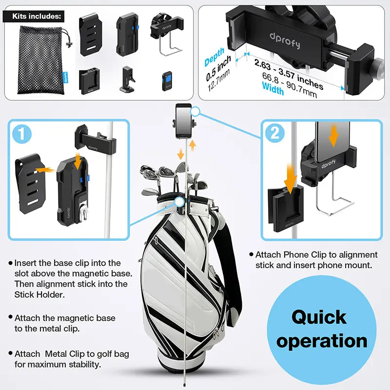 Dprofy magnetic golf phone holder quick operation and dimensions, mesh bag version.