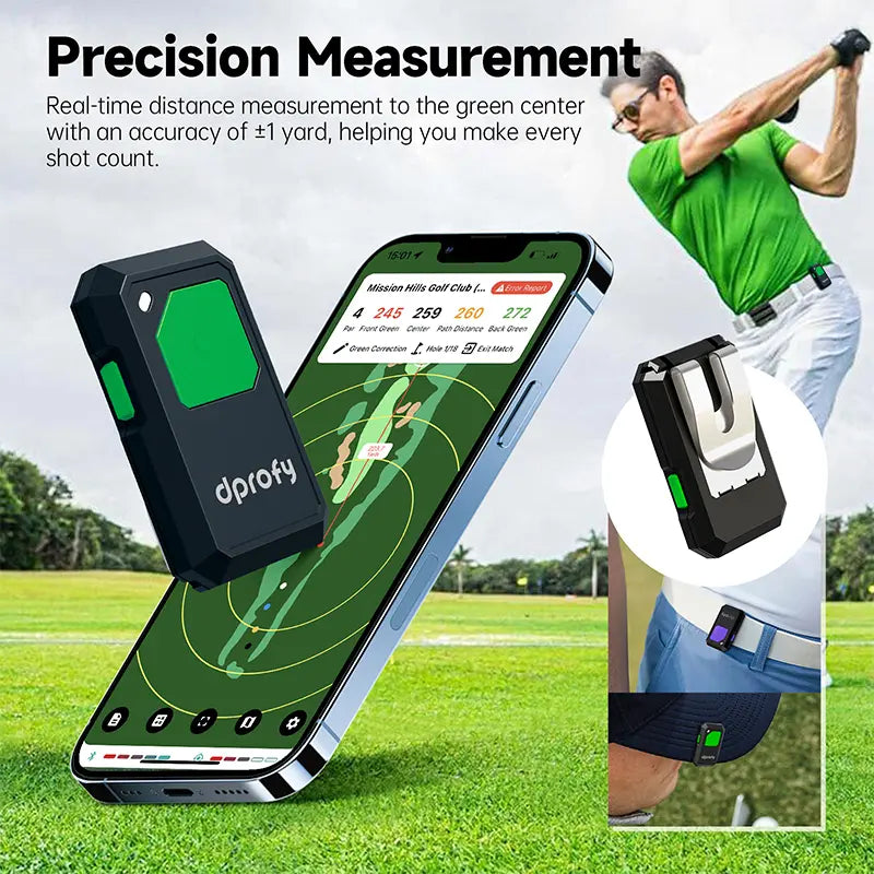 Dprofy golf GPS voice range finder with hat clip tracking yardage.