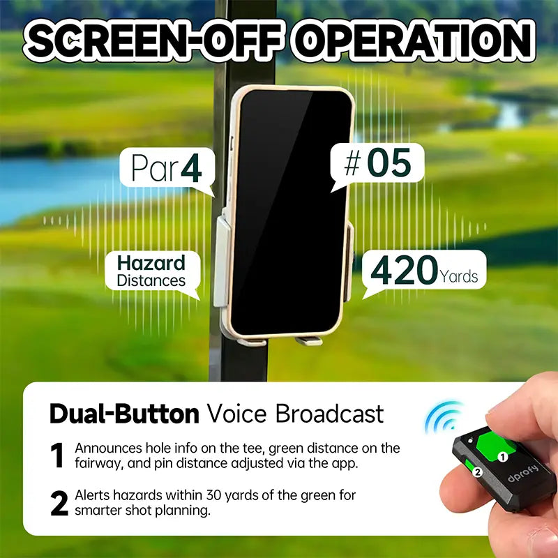 Dprofy golf GPS device with screen-off voice broadcast feature.
