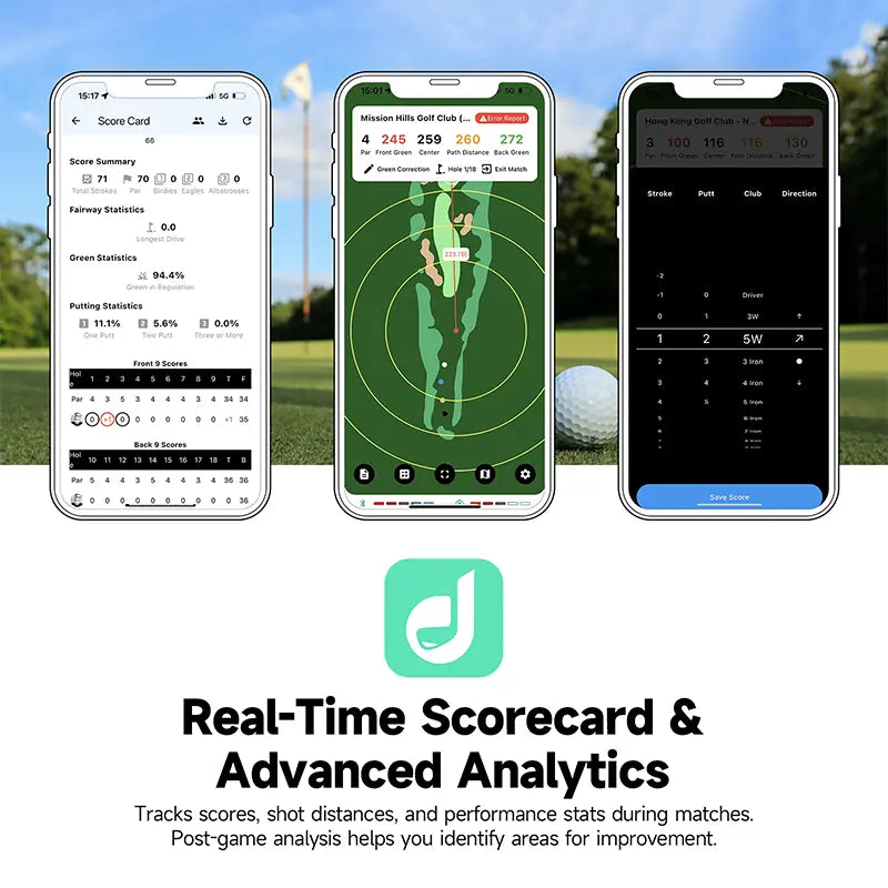 Dprofy golf app interface tracking live match scores and analytics.