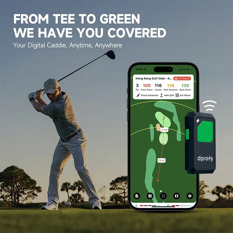 Golfer swinging alongside Dprofy golf GPS app showing green distance.
