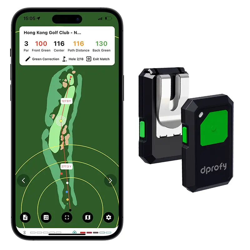 Dprofy golf GPS wireless device shown next to a smartphone displaying golf club green map