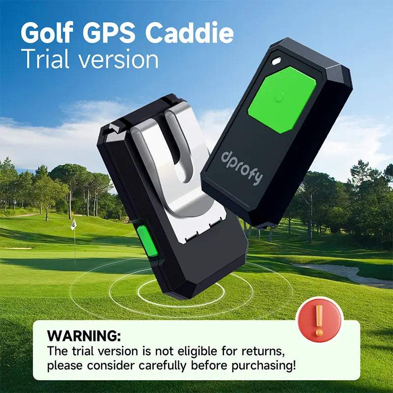 Front and back view of the clip-on Dprofy golf GPS caddie device on a golf course