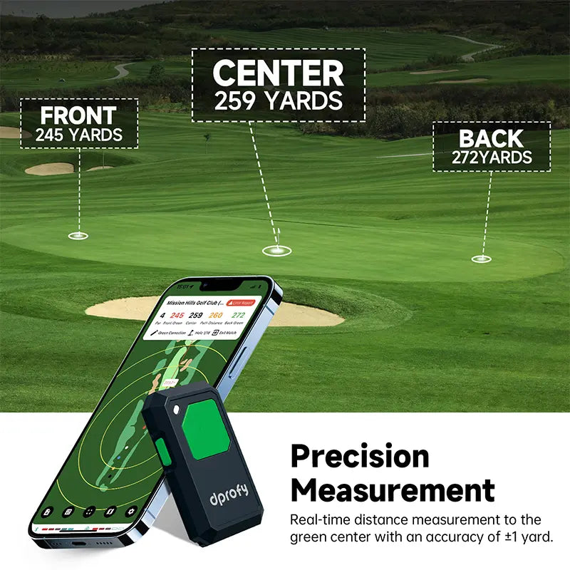 Dprofy golf GPS device and phone app showing real-time yardage measurements to the green