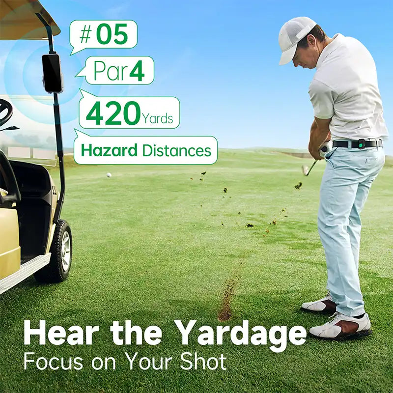 A golfer swinging on the course with a phone mounted on a golf cart tracking yardage
