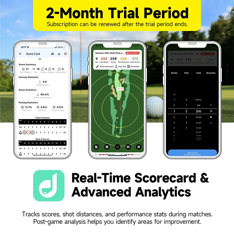 Three smartphones displaying golf scorecard app interface and performance analytics