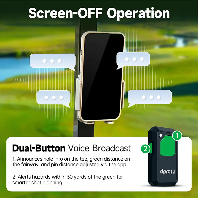 Smartphone and Dprofy golf GPS device highlighting dual-button voice broadcast feature