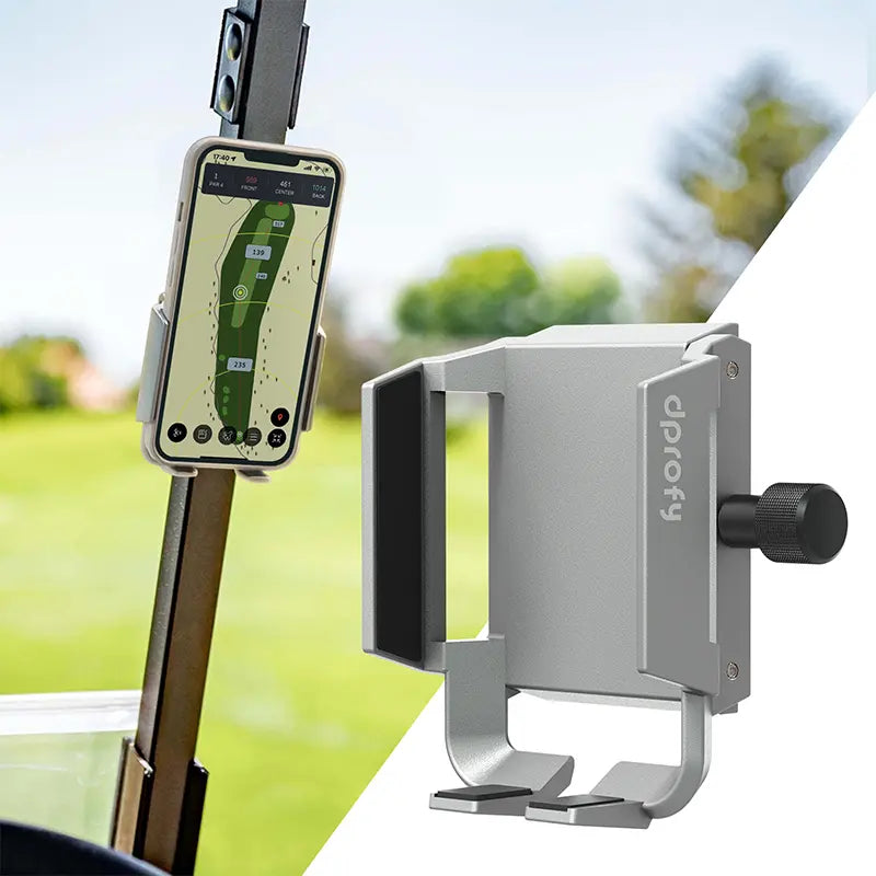 Dprofy silver magnetic phone holder mounted on a golf cart.