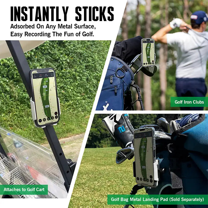 Silver Magnetic golf phone holder attached to a cart bar, iron club and bag.