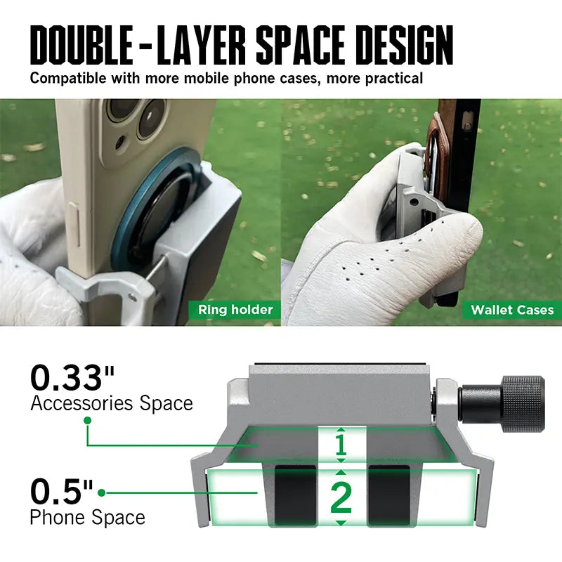 Silver Golf phone mount with double-layer design for wallet cases and ring holders.