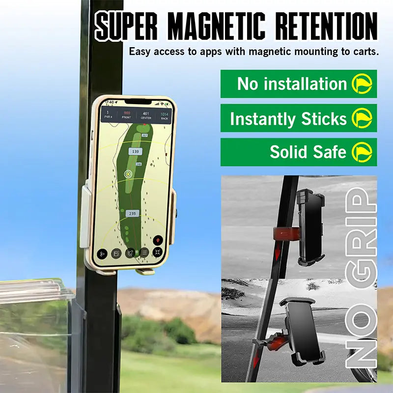 Super silver magnetic golf cart phone mount holding a cell phone with GPS app.