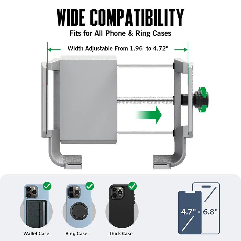 Silver Adjustable golf phone holder showing wide compatibility for 4.7 to 6.8 inch phones.