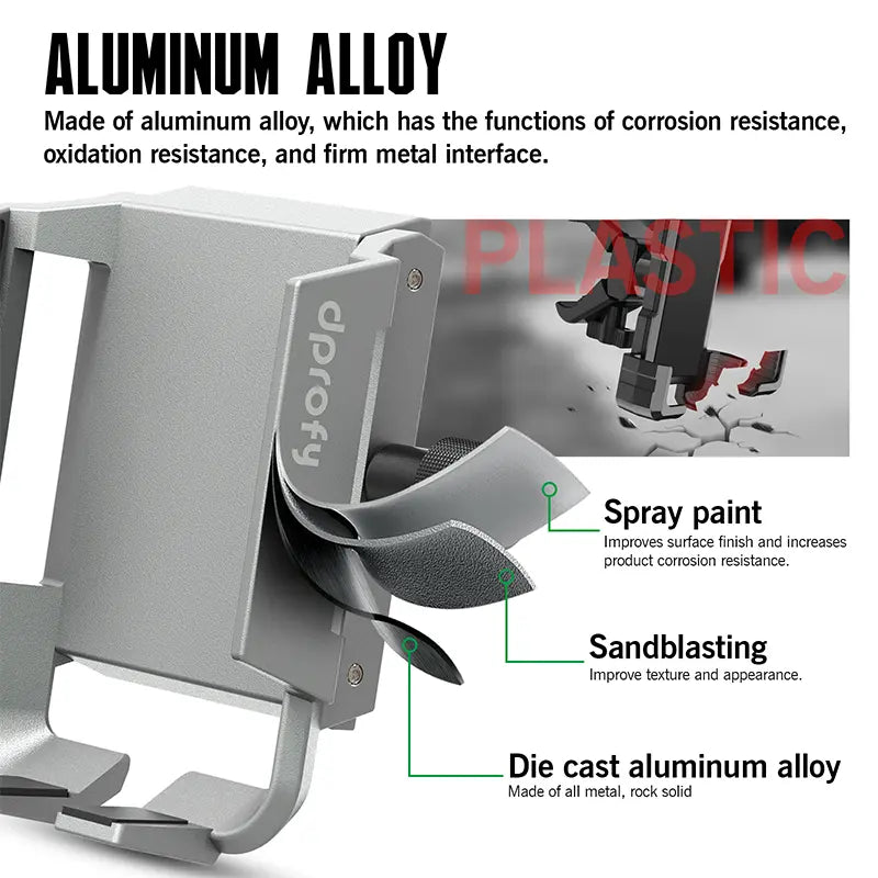 Durable silver aluminum alloy golf phone holder with corrosion resistance.