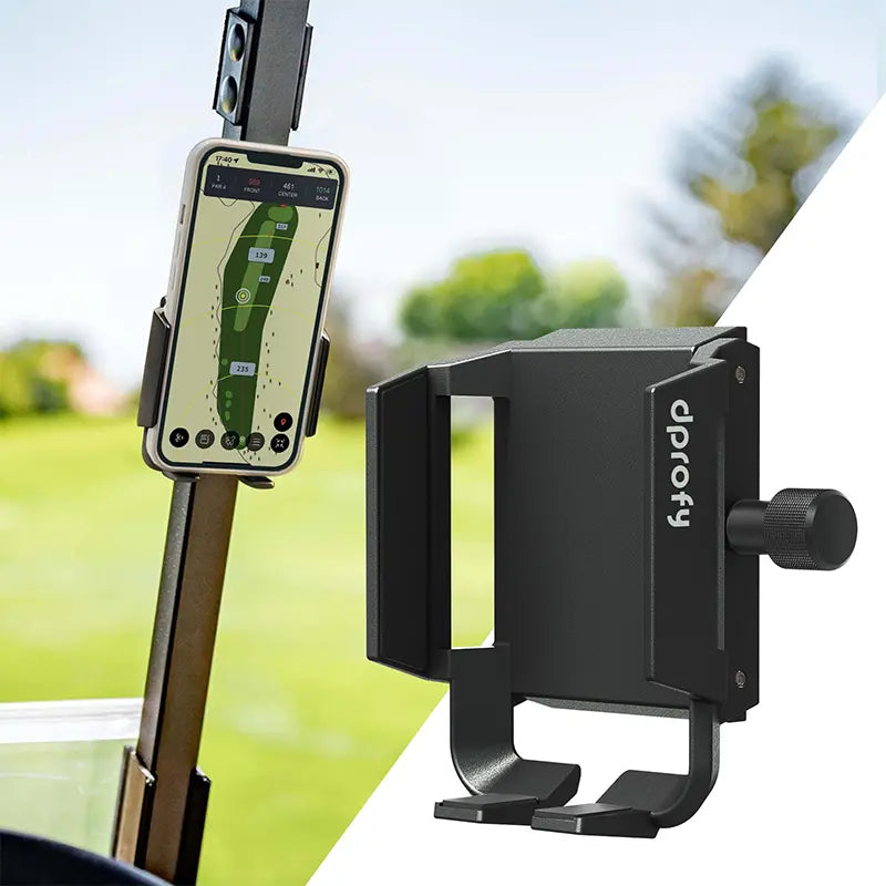 Black magnetic golf cart phone holder with a cell phone displaying a golf GPS app.