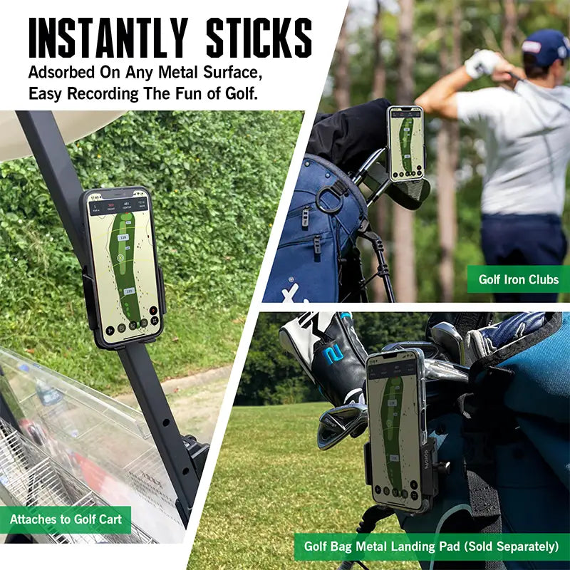 Black magnetic golf phone holder used on a cart bar, iron club, and bag.