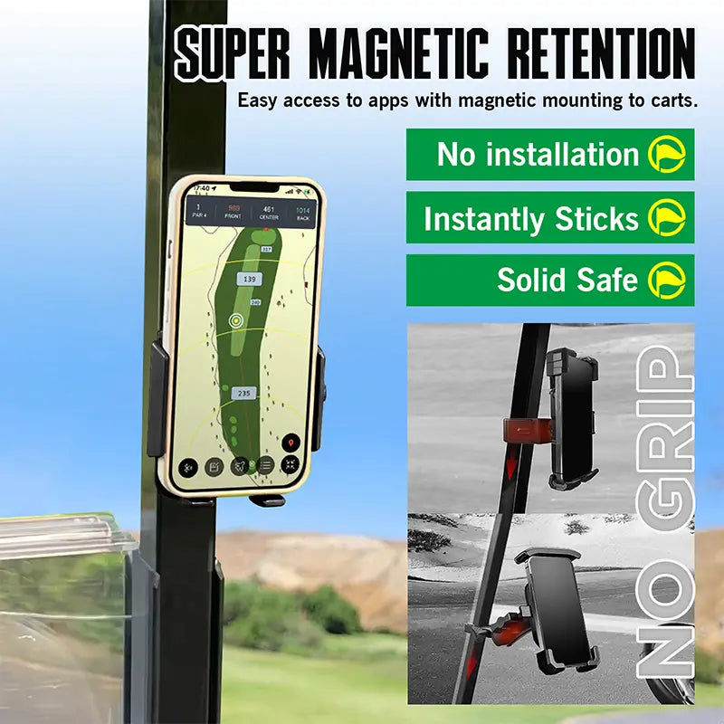 Black super magnetic golf cart phone mount securely holding a cell phone with a golf GPS app.