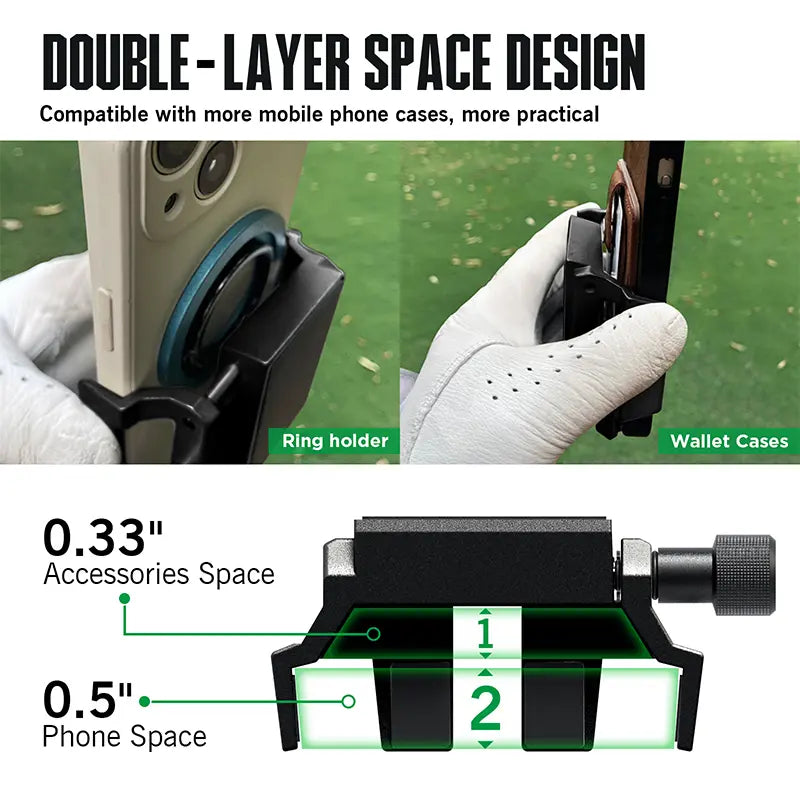 Dprofy Black magnetic golf cart phone mount featuring a double-layer design to fit thick wallet cases and ring holders.