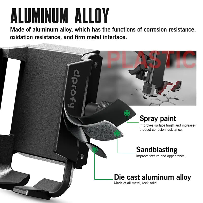 Dprofy black aluminum alloy golf cart phone holder with corrosion resistant layers compared to plastic.
