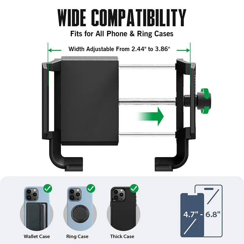 Black universal golf cart phone mount with adjustable width to fit thick, wallet, and ring holder cases.