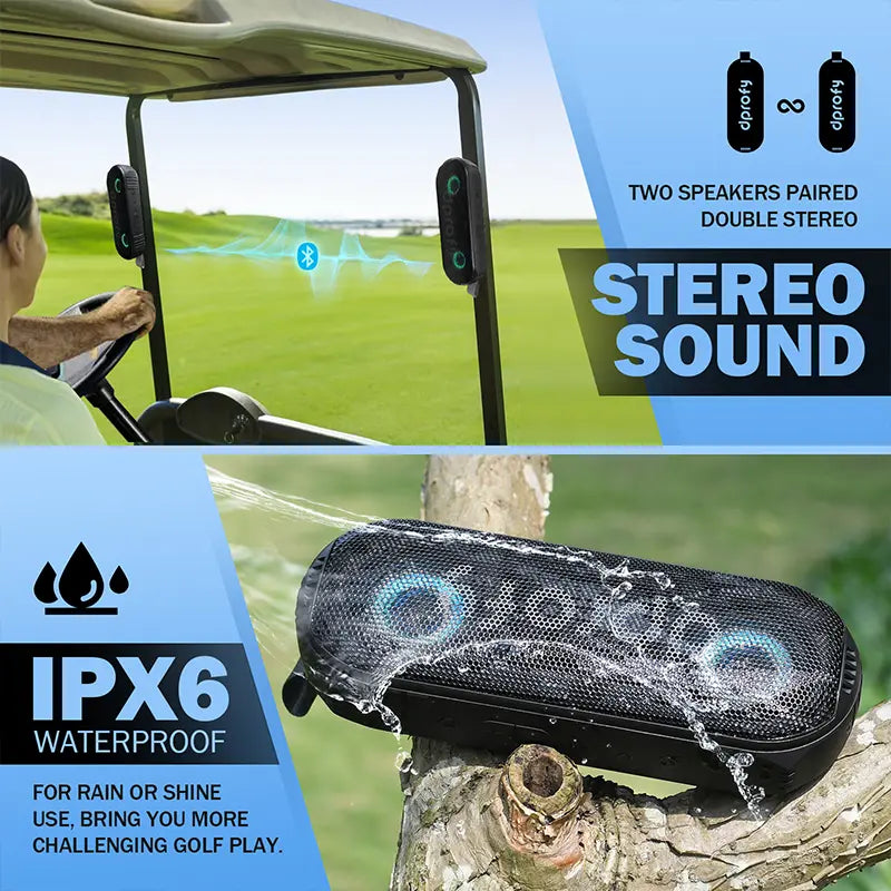 Standard Dprofy magnetic golf speakers featuring TWS stereo pairing and IPX6 waterproof protection