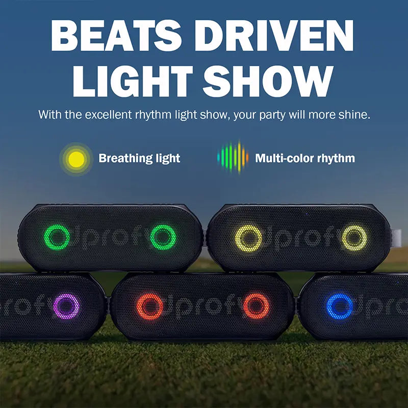Standard Dprofy V7M Plus golf speaker stack with multiple vibrant LED lights on the course fairway