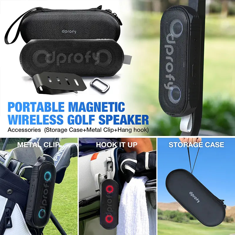 Standard Dprofy V7M Plus magnetic golf speaker with case and multi-mount accessories