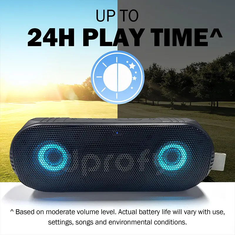 Standard Dprofy V7M Plus golf speaker with glowing blue LED lights on day and night fairway background