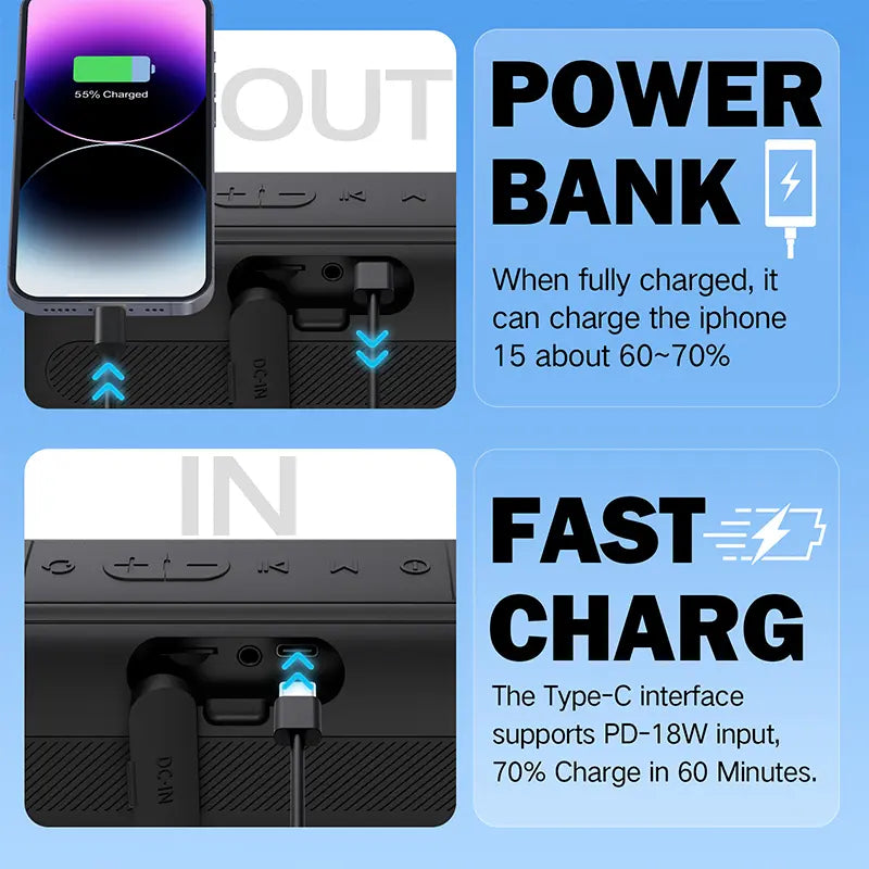 Standard Dprofy V7M Plus golf speaker with Type-C cable charging an iPhone