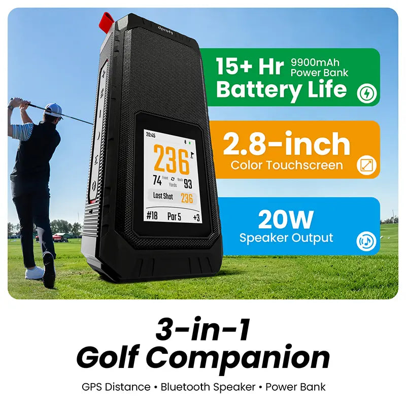 Dprofy V3 PRO 3-in-1 golf GPS speaker with a 2.8-inch touchscreen, 20W audio output, and 9900mAh power bank on course.