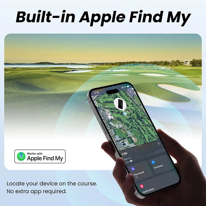 iPhone tracking a Dprofy V3 PRO golf GPS speaker on a course fairway map using the built-in Apple Find My network.