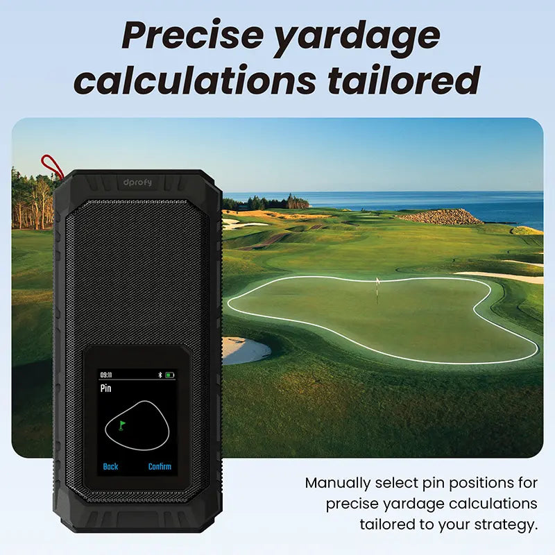 Dprofy V3 PRO golf GPS device on a green course view showing manual pin selection for precise yardage calculations.
