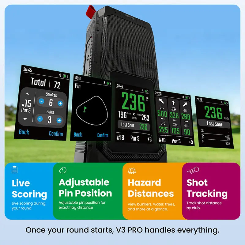 Dprofy V3 PRO golf GPS speaker interface displaying live scoring, hazard distances, pin selection, and shot tracking.