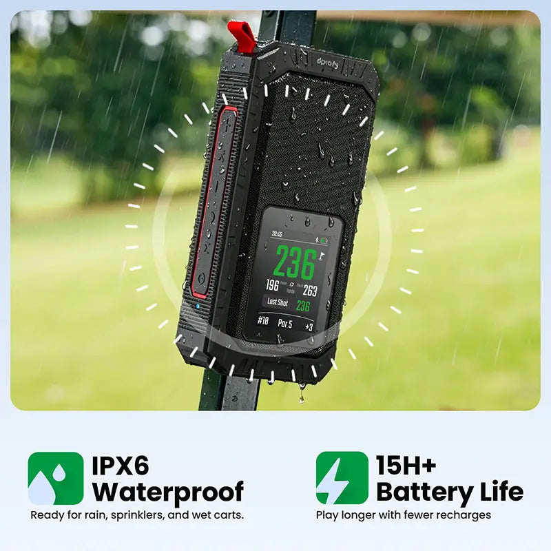 Dprofy V3 PRO IPX6 waterproof golf speaker staying safe in the rain with 15H+ battery life mounted on a cart.