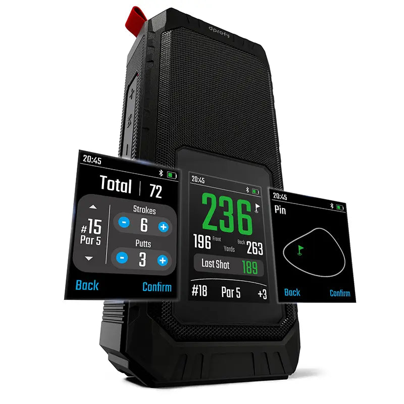 Dprofy V3 PRO smart golf GPS speaker featuring a 2.8-inch touchscreen with live scorecard and green distance tracking.