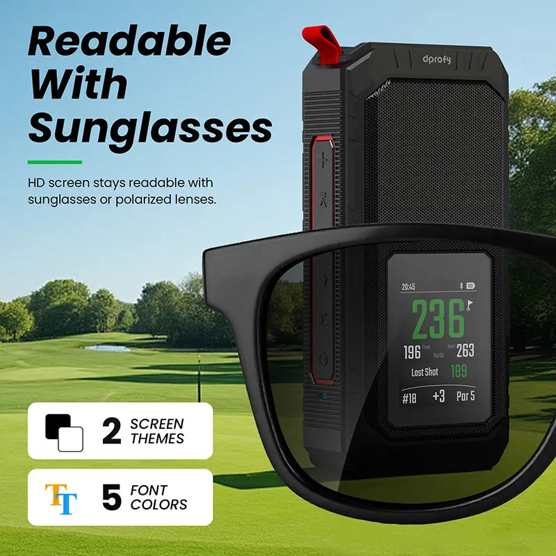 Dprofy V3 PRO golf GPS screen seen through polarized sunglasses lens, showing customizable color fonts on course.