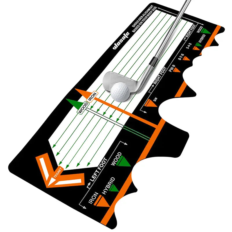 Close up of a black golf alignment mat with club benchmarks for irons, woods, and golf ball.
