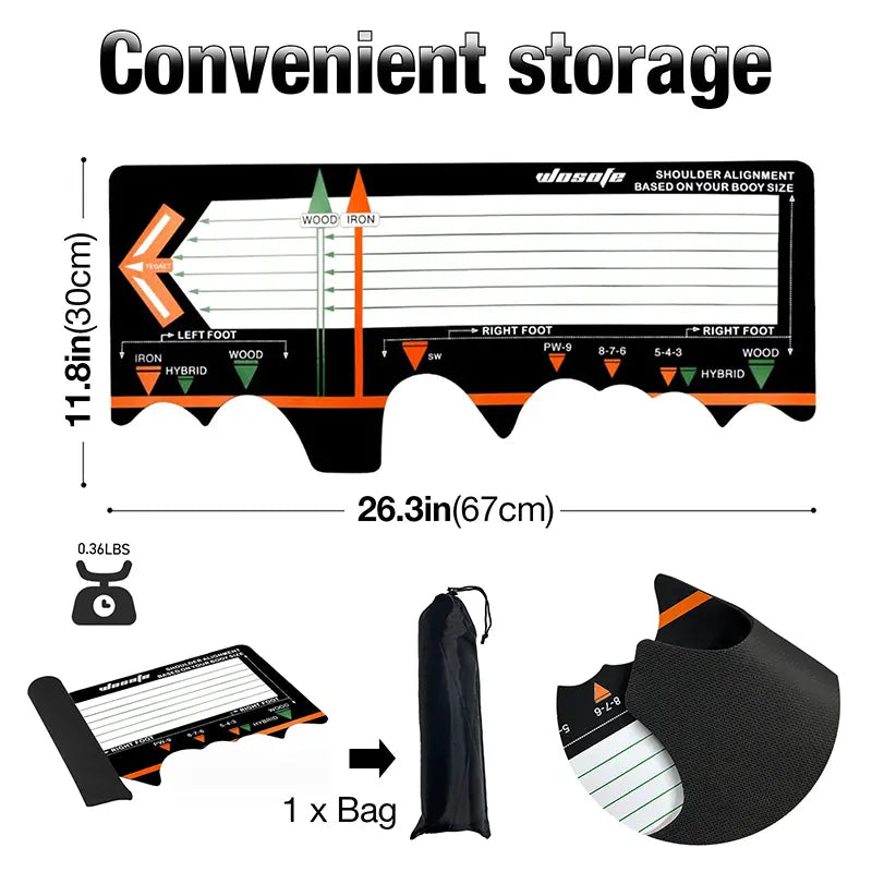 Dimensions and storage bag for a black golf alignment stance mat. Includes 1 black carry bag.