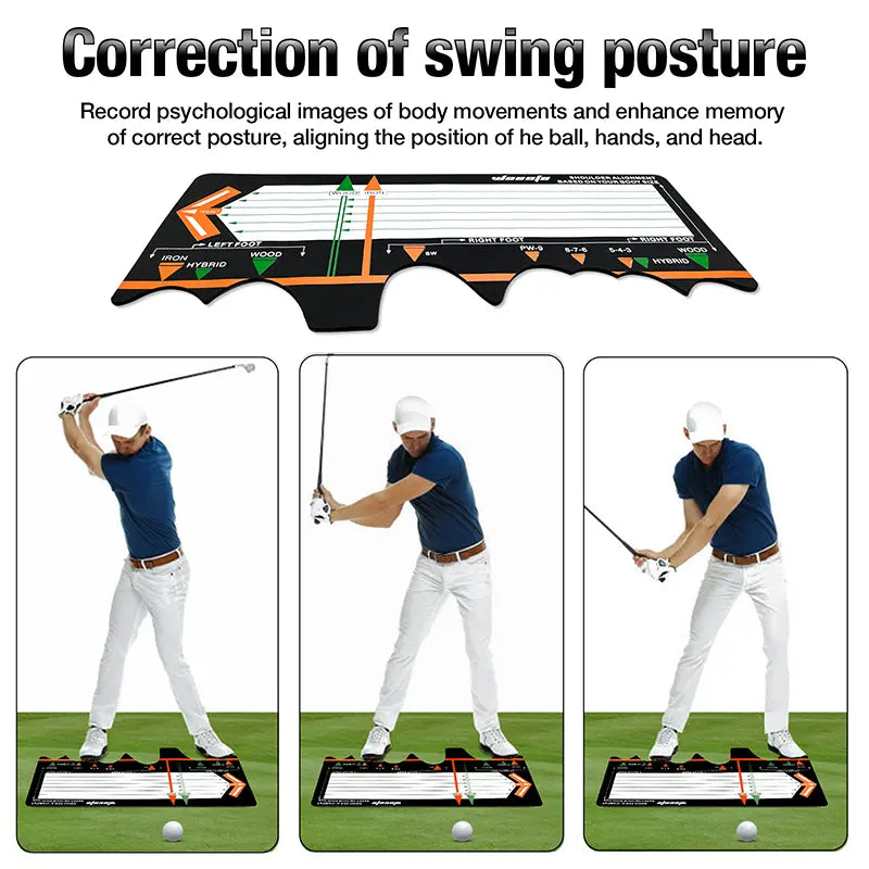 Three-stage swing posture correction demonstrated on a black golf alignment training aid mat.