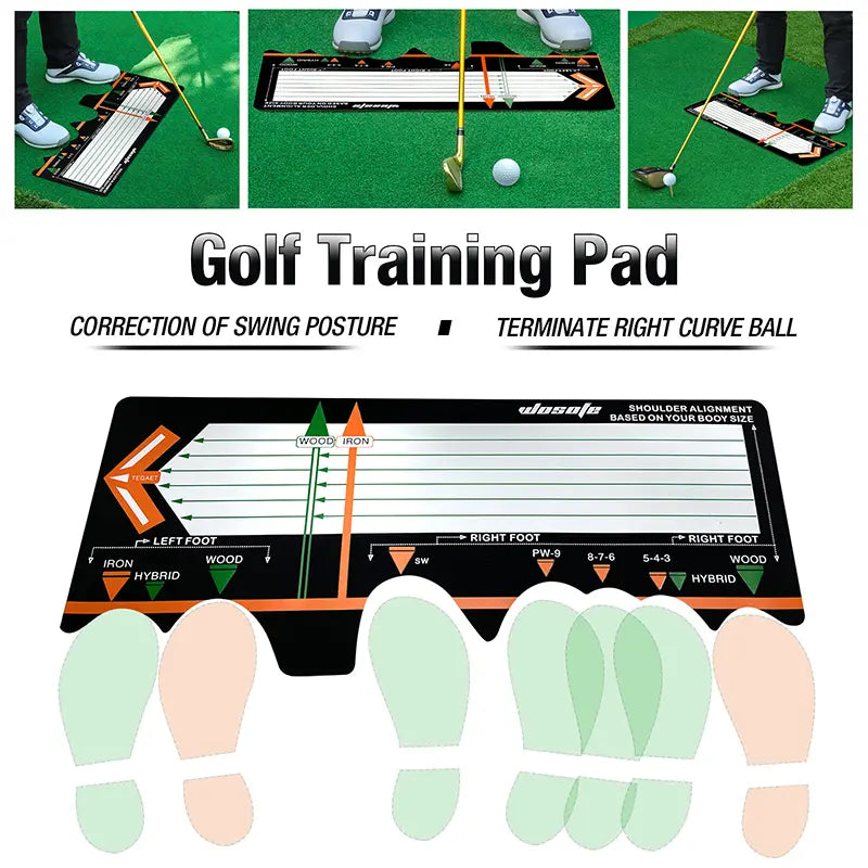 Multi-use black golf training pad designed to correct swing posture and reduce right curve balls.