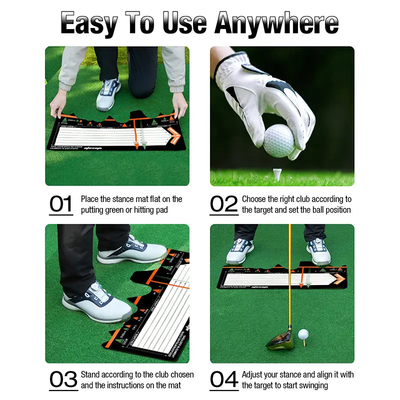 Four-step tutorial guide on how to use the black golf alignment mat for swing stance practice.