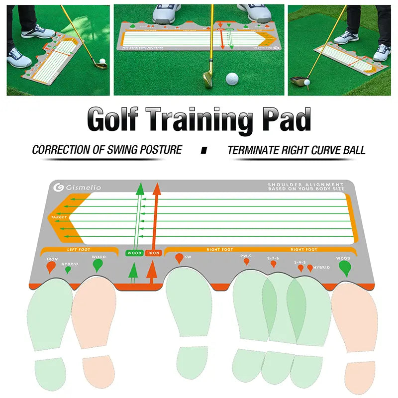 Multi-use gray golf training mat pad designed to correct swing posture and stop right curve balls.
