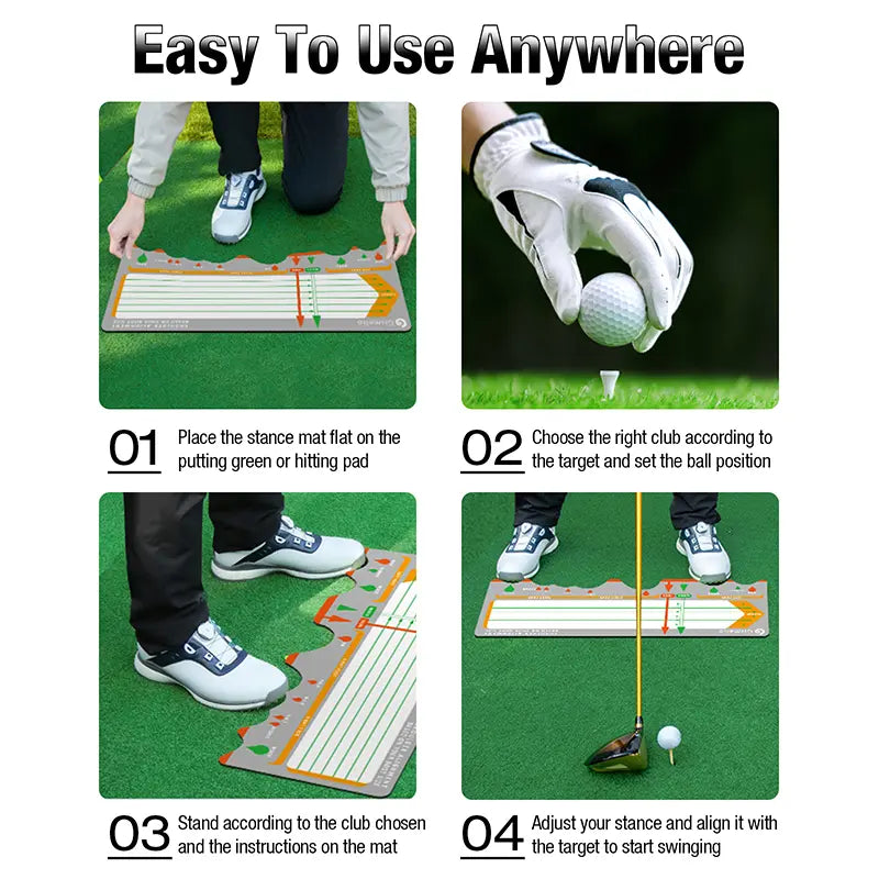 Four-step tutorial guide on how to use the gray golf training mat for stance alignment practice.