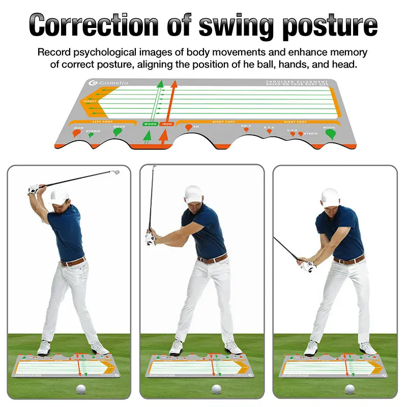 Three-stage swing posture correction demonstrated on a gray golf training mat for beginners.
