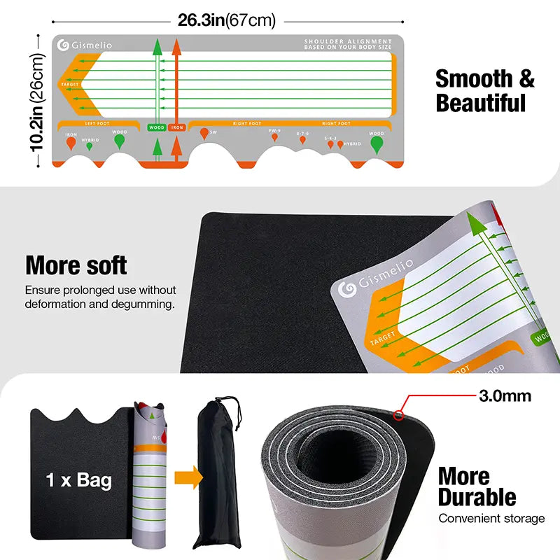 Dimensions, carry bag, and 3mm durable material layout of the gray golf alignment stance mat.